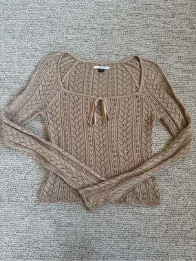 American Eagle Outfitters Beige Open-Knit Scoop Neck Tie-Front Sweater